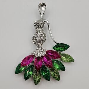 Elegant Lady in Ballgown Brooch Pinks Greens Clear Crystal on Silver Tone Metal